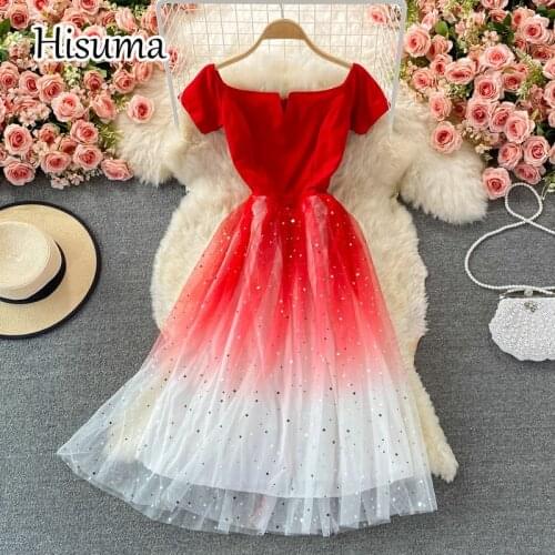 2021 autumn new womens slash neck stars sequins chiffon with gauze party dress female Chic elegant waist mesh A-line dresses