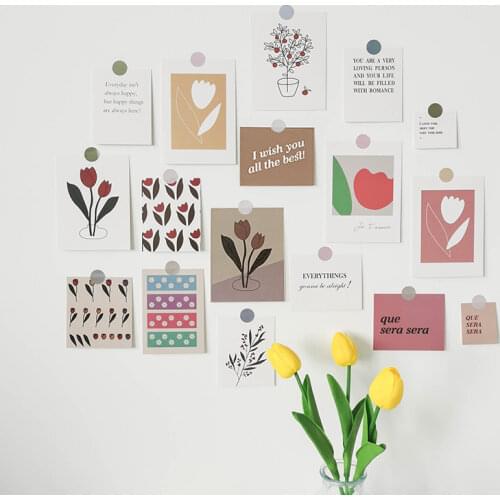 17 Pcs/Set Ins Style Wall Card Cartoon Tulip Pattern Postcard Diy Room Wall Sticker Art Photography Props Collocation Postcards