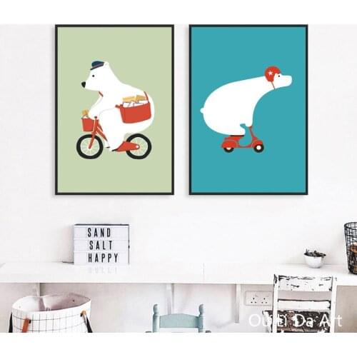 No frame cartoon white bear riding a bike canvas printings oil paintings printed on canvas Kid room wall art decoration picture