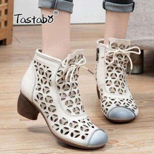 Martin Boots Breathable Mesh Cool Boots Women Square Heels Pumps Women Shoes Outdoor Ankle Boots Genuine Leather Summer Boots