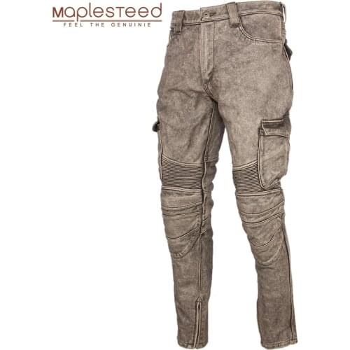 Motorcycle Leather Trousers Men Leather Pant Thick 100% Cowhide Vintage Grey Brown Black Mens Moto Biker Pants Winter 4XL M216