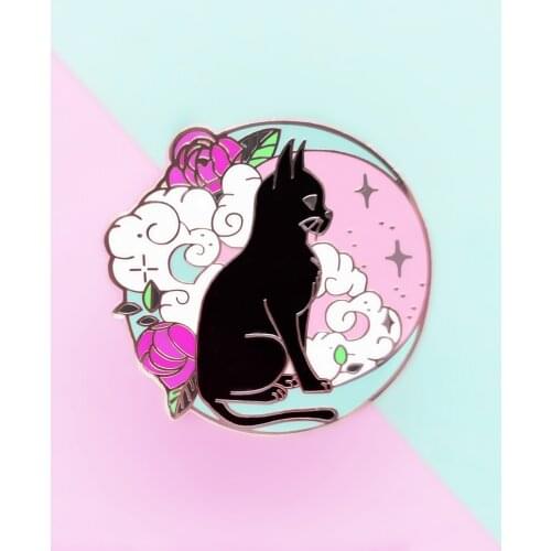 Black Cat on the Moon Hard Enamel Pin Cute Cartoon Crescent Flower Lapel Badge Brooch Fashion Jewelry Accessories Unique Gift