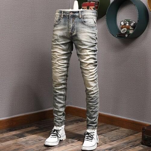 European Vintage Fashion Men Jeans Retro Distressed Wash Slim Fit Elastic Ripped Jeans Men Winter Velvet Warm Casual Denim Pants