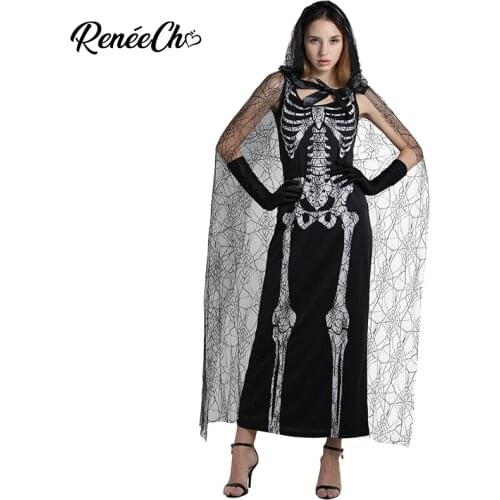 Halloween Costume For Adult Women Skeleton Costume Lady Bones Costume Female Spider Web Long Black Dress Hooded Cloak Full Set