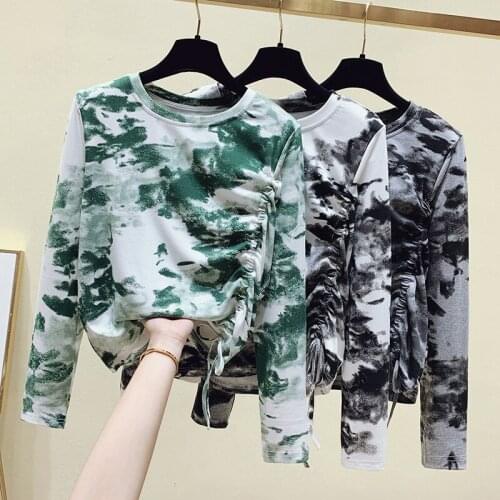 Fall Tie Dye Crop Top T Shirt Women Long Sleeve Tees O-Neck Vintage Clothes Tee Shirt Female Casual Camouflage Drawstring Tshirt