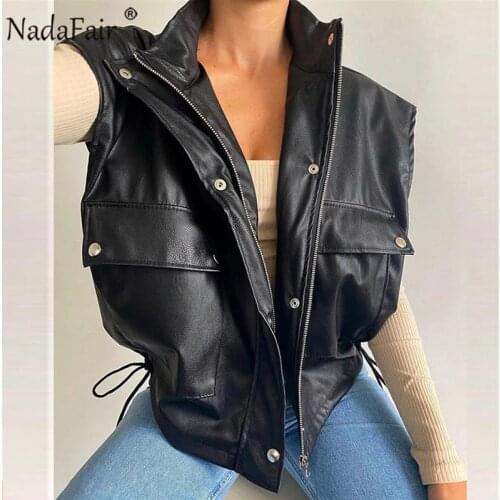 Nadafair Faux Leather Jacket Coat Women 2021 Spring Casual Pu Pockets Zipper Shrug Winter Sleeveless Jackets Coats Woman Vest
