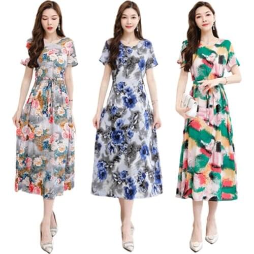 Summer Womens dress fashion O-neck Flower Print cotton Dress Middle-aged Plus Size 5XL Mother Elegant Short sleeve long Dress