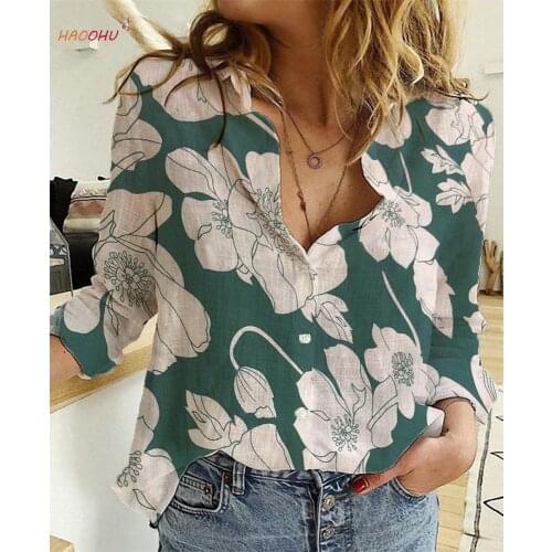 HAOOHU Linen Womens Shirt Button Clothing 2021 Spring Autumn Fashion Urban Flowers Printd Solid Color Casual Loose Long Sleeve
