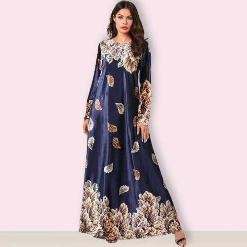 Muslim dress Womens dignified fashion gold velvet plant printing long-sleeved Muslim casual dress Abaya Dubai Dresses