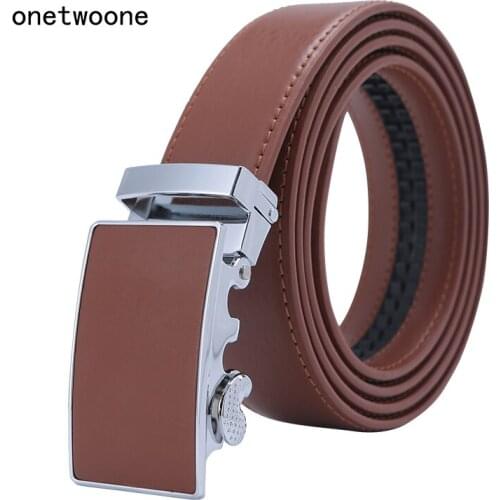 Mens High Quality Genuine Leather Belt-Ratchet Automatic Buckle Men Belt Popular Business Brown Luxury Mens Belts 3.0 cm Width