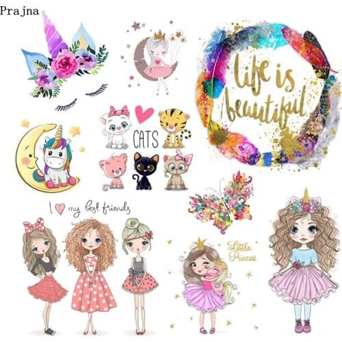 Prajna Unicorn Fashion Girl Iron On Heat Transfers Cartoon Stickers Thermal Heat Transfer Vynil Iron On Patches For Clothing DIY