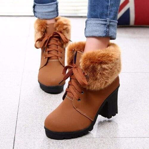 Winter New Round Head Warm Snow Boots Womens Shoes Plus Velvet Thick Boots Ladies Tie Plush Decorative High Heel Boots B21-18