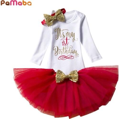 PaMaBa 3 Pcs Baby Girls 1st Birthday Party Celebration Outfit Long Sleeve Tops and Tutu Dress and Headband Infant Princess Dress