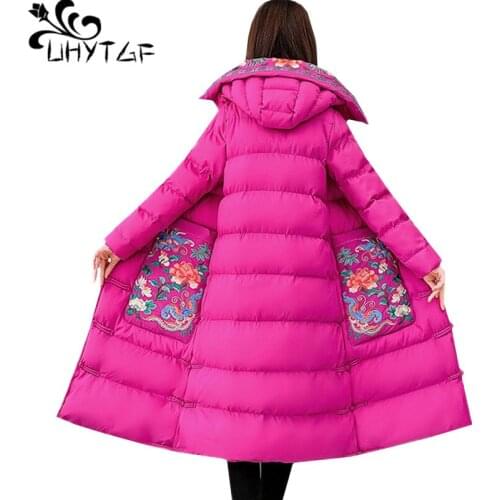UHYTGF parkas mujer 2019 Retro embroidered Down Cotton Winter Jacket Womens National style hooded casual warm long coat 4XL 955