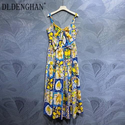 DLDENGHAN Fashion Runway Designer Summer Cotton Dress Women Spaghetti Strap V-Neck Bow Flower Print Bohemian Long Dresses