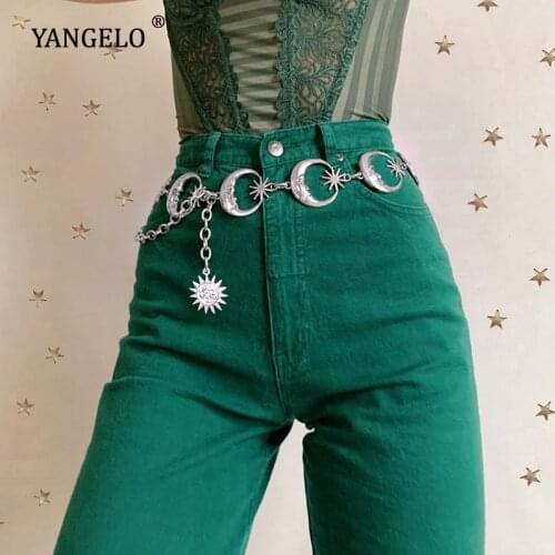 Yangelo Harajuku Punk Moon Metal Belts Women Vintage High Waist Chain Waist Belts Gothic Moon Sun Sliver Pendant Belts Female