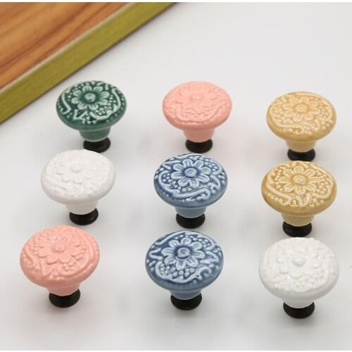 Drawer Handle Door Knob Handle Single Hole Round Available Multiple Colors Embossed Flower Pull Furniture Accessories