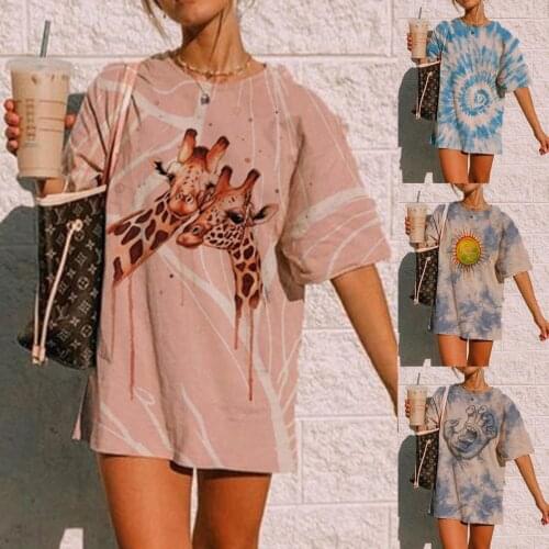 S-3XL New Cute giraffe print Womens Casual Loose Tie-Dye Print Comfortable Short-Sleeved T-Shirt Tops camiseta holgada mujer F4