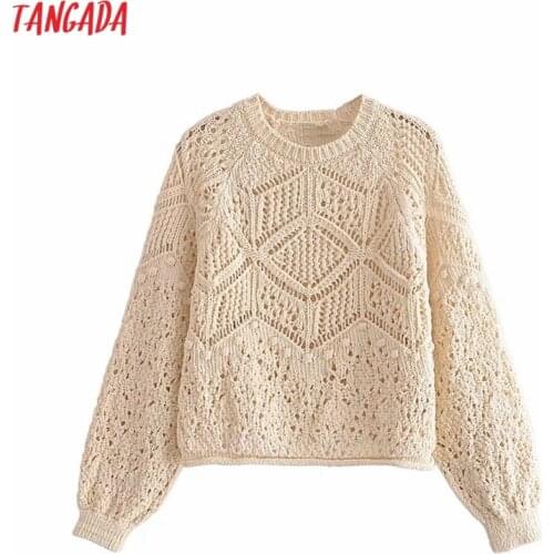 Tangada Women 2021 Fashion Hollow Out Loose Knitted Sweater Vintage O Neck Long Sleeve Female Pullovers 3H100