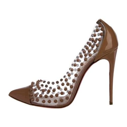 Moraima Snc Fashion Pointed Toe High Heel Shoes Coffee Patent leather Woman Pumps Rivets Studded PVC Dress Heels