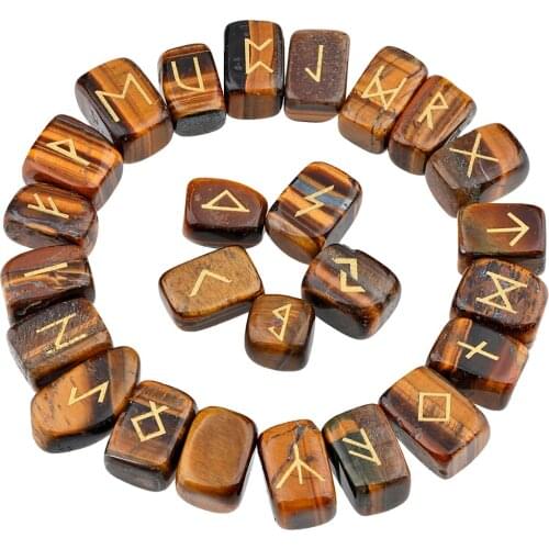 TUMBEELLUWA 1Lot (25Pc) Tigers Eye Stone Engraved Rune Stones Set Healing Reiki Crystal Tumbled Stones