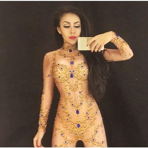 Women Gold Queen Full Of 1600 PCS Sparkling Crystals Stones Jumpsuit Christmas Celebrate Nightclub Performance Stage Bodysuit