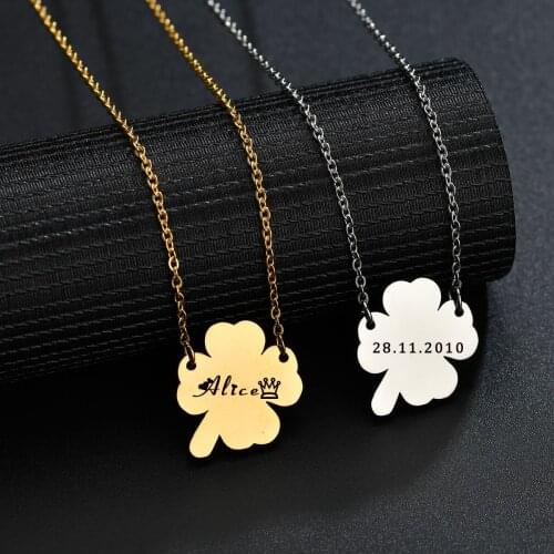 Acheerup Engraving Four Leaves Clover Pendant Stainless Steel Women Necklace Custom Name Letters Gold Chain Jewelry Couple Gift