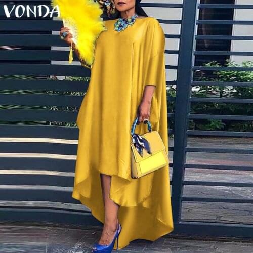 Women Fashion Dress Vintage Solid Color Dresses Sexy Asymmetric Hem Pleated Vestido 2021 VONDA Holiday Beach Sundress