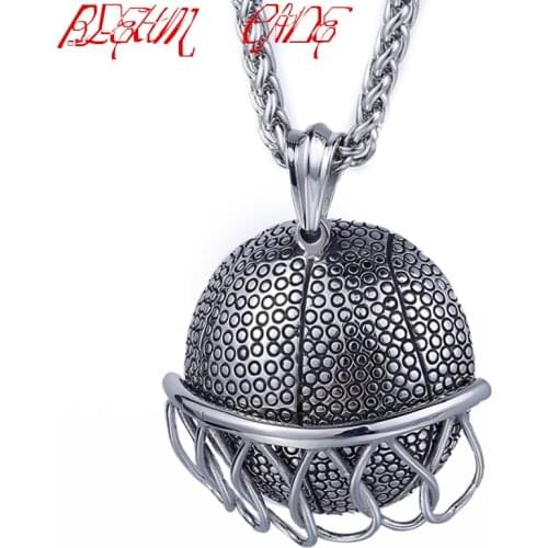 316L Stainless Steel Basketball Slide Net Hollow Back Pendant Necklace Mens Boys Jewelry