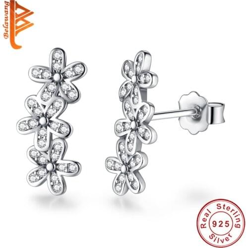 BELAWANG 925 Sterling Silver Daisy Flower Clear CZ Stud Earrings for Women Sterling Silver Jewelry Valentines Day Gift 2019 New