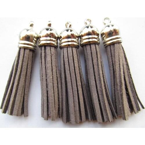 Free Shipping 100Pcs 59mm Grey Suede Leather Jewelry Tassel For Key Chains/ Cellphone Charms Top Plated End Caps Cord Tip