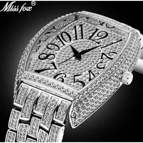 MISSFOX Man Watch Waterproof Bling Bling Diamond Tonneau Luxury Bussiness Wristwatch Big Arabic Numerber RM Gift Dropshipping