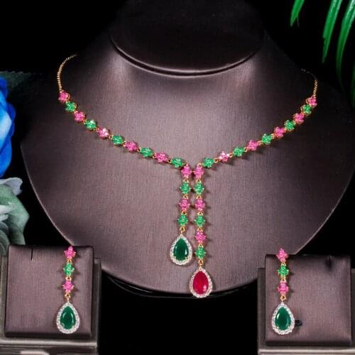 ThreeGraces Natural Red Cubic Zirconia Crystal Pave Long Dangle Necklace And Earrings Gold Color Jewelry Set For Women JS146