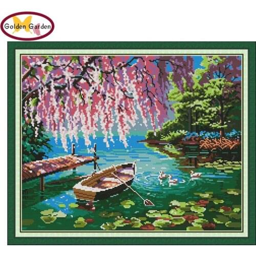 GG Autumn In The Creek Painting Counted Cross Stitch Embroidery Needlework Kit Joy Sunday Print Cross Stitch Sets for Home Decor