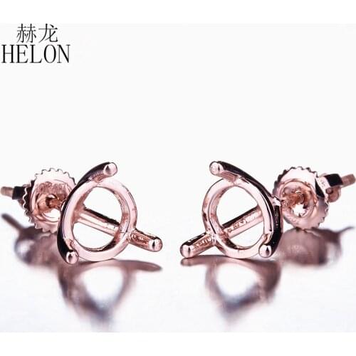 HELON Women Fine Jewelry Earrings Solid 14K Solid Rose Gold 6-7mm Round Cut Semi Mount Engagement Stud Earrings Setting Prong