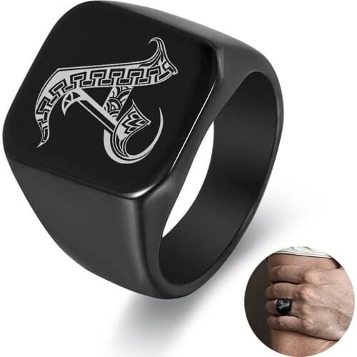 Black Color Rings For Men Retro Initials Signet Heavy Male Band Stainless Steel Custom Jewelry Gifts 18mm Wedding LHR440