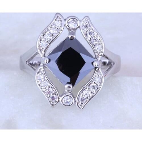 Love Monologue Stylish Geometry Black imitation Onyx & Cubic Zirconia Silver Color Ring Size 6 / 7 / 8 / 9 Free Gift Bag H0233