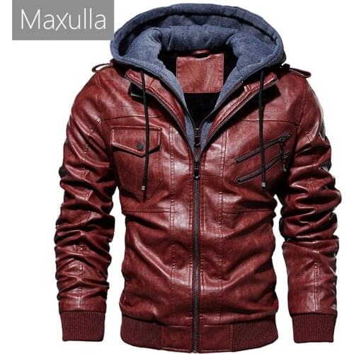 Maxulla PU Leather Jacket Fashion Mens Biker Leather Hooded Coats Male Slim Fit Faux Leather Punk Motorcycle Jackets Clothing