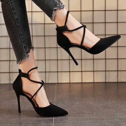 New Black Suede Pointed Toe Cross Ankle Strap High Heels Pointed Toe Hollow Lace-up Sandals Women Pumps Dress Party Shoes
