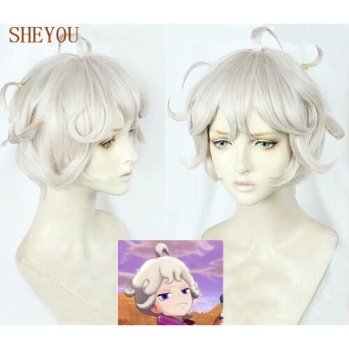 High Quality Anime Pokemon Sword and Shield BEDE Short Curly Linen Gray Heat Resistant Cosplay Hair Wig + Wig Cap