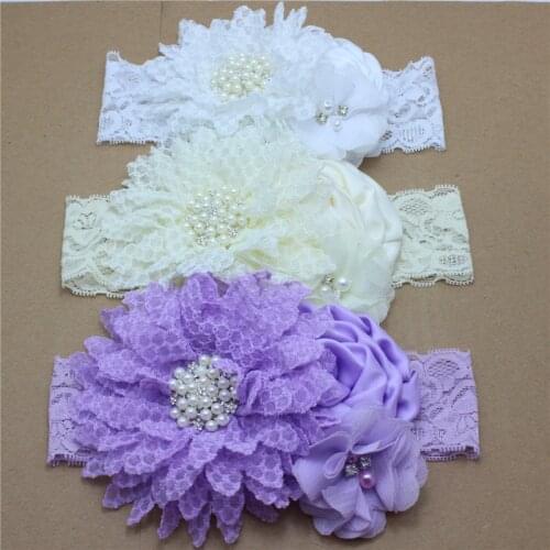 Headbands Newborn Infant Pearl Flowers Babys girls Flower With Lace wide Headwear Bebes Hair accessories Phoro props Kids Turba