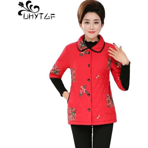 UHYTGF Autumn Winter Cotton Vest Coat Parker Women Fashion Embroidered Elegant Female Jacket Loose 5XL Plus Size Waistcoat 1370