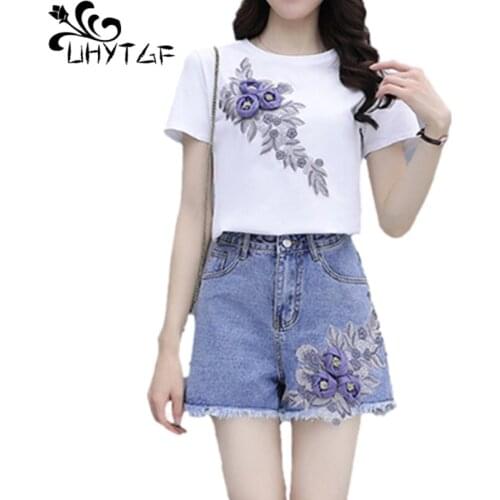 UHYTGF Womens Summer Suit Fashion Embroidered Denim Shorts Female Two-Piece Sets Cute Girl T-Shirt Tops Plus Size Tracksuit 1647