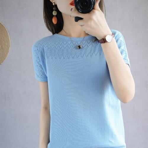 Ladies' T-shirt 2021 Summer New Pure Cotton Knit Pullover Short Sleeve Casual Round Neck Womens Top Solid Color XL tees