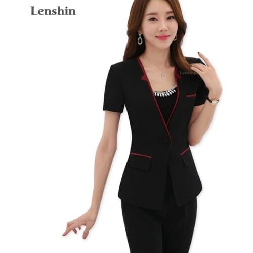 2 Pieces Set Pant suit Summer Wear Contrast Collar V-neck Formal Uniform Style Women Office Lady Work Jacket with Trouser