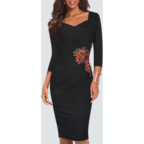 Vintage Floral Appliques Embroidery Ruched Bodycon Elegant Women Business Party Dress HB347