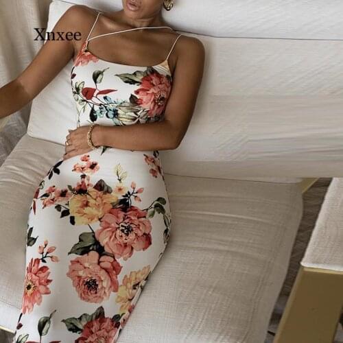 Floral Midi Dress Women Sexy Spaghetti Straps Backless Bodycon Party Dresses Summer Slim Fit Print Long Dress 2021 New