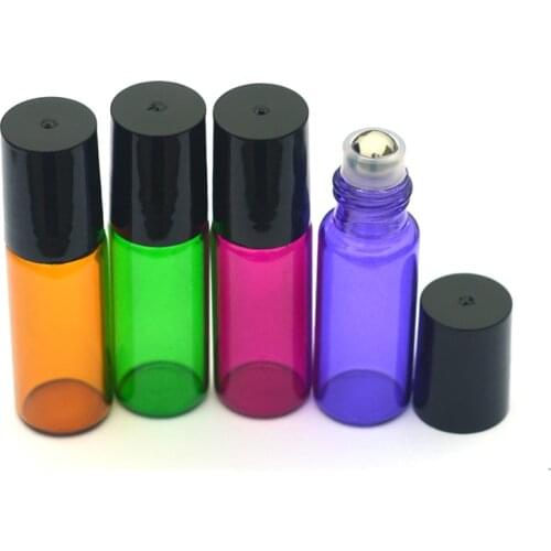 1pcs Colorful Perfume 5ml Roll Glass Bottle Empty Essential Oil Bottle 5ml Roll-On Black Plastic Cap Bottle Fast Shipping