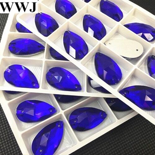 48pcs/lot 13x22mm Cobalt Color Teardrop Glass Crystal Sew on Rhinestone Flatback 2 holes Pear Droplet Sewing Crystal Beads