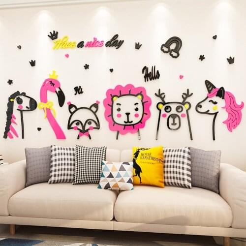 Brief strokes Cute Animal Acrylic 3D Wall stickers Cartoon bear lion Flamingo Childrens room Kindergarten Classroom wall decor